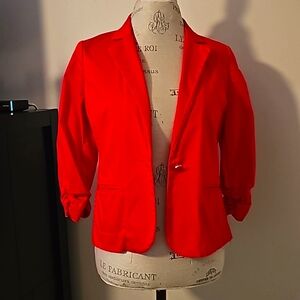 Chico's Red One Button Blazer With Rouched 3/4 Sleeves. Size: 0(US 4)